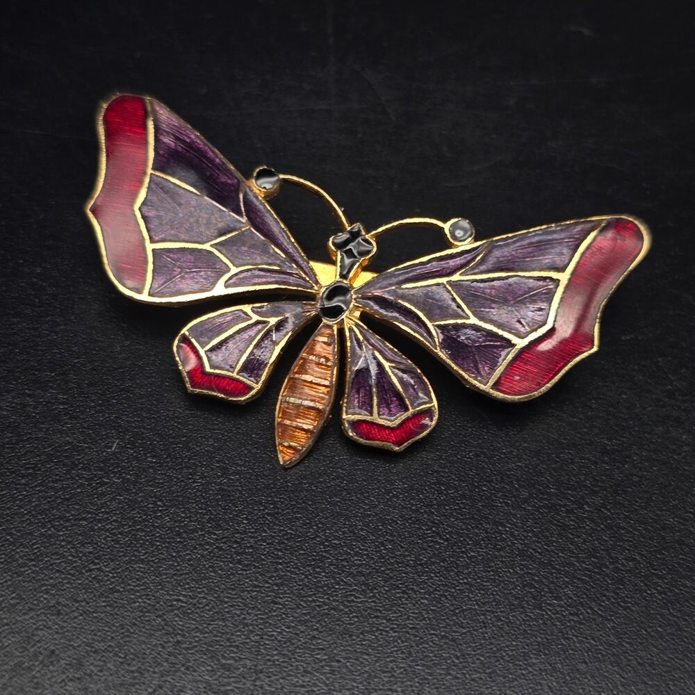 Cloisonne Purple Butterfly Brooch Enamel Gold Tone Vintage Bug Insect Jewelry
